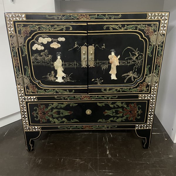 Soapstone, Wood Lacquered End Table, Vintage Table, Oriental, Brass Accents, HandPainted, Raised, Etched  Furniture, Home Decor,